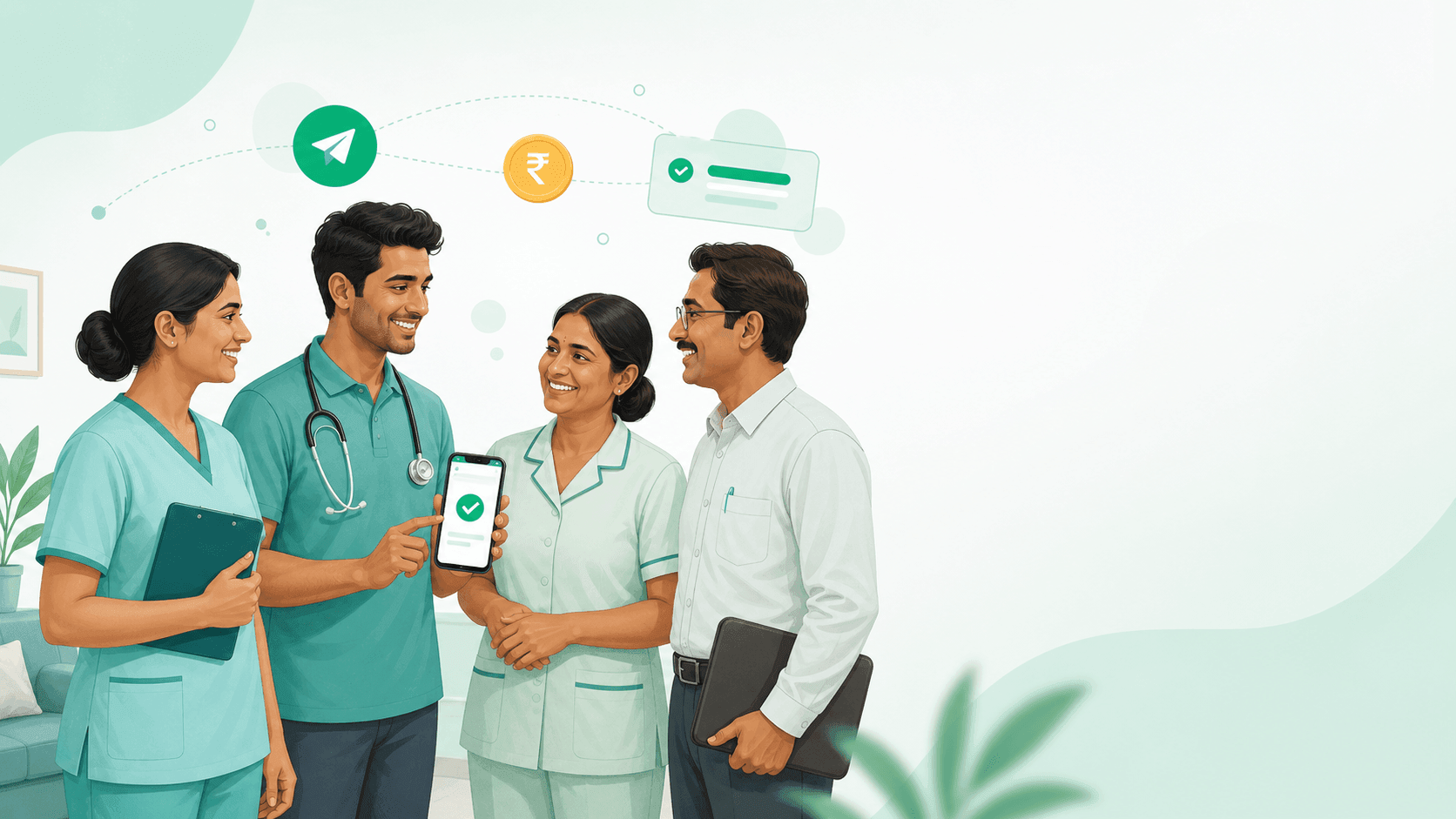 Portea staff team smiling together with a smartphone showing the referral status screen